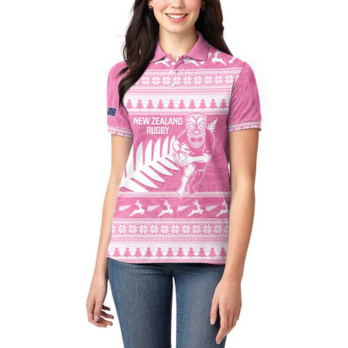New Zealand Christmas Rugby Personalised Women Polo Shirt Meri Kirihimete All Black Maori Pink Version - Aussie Hoodie