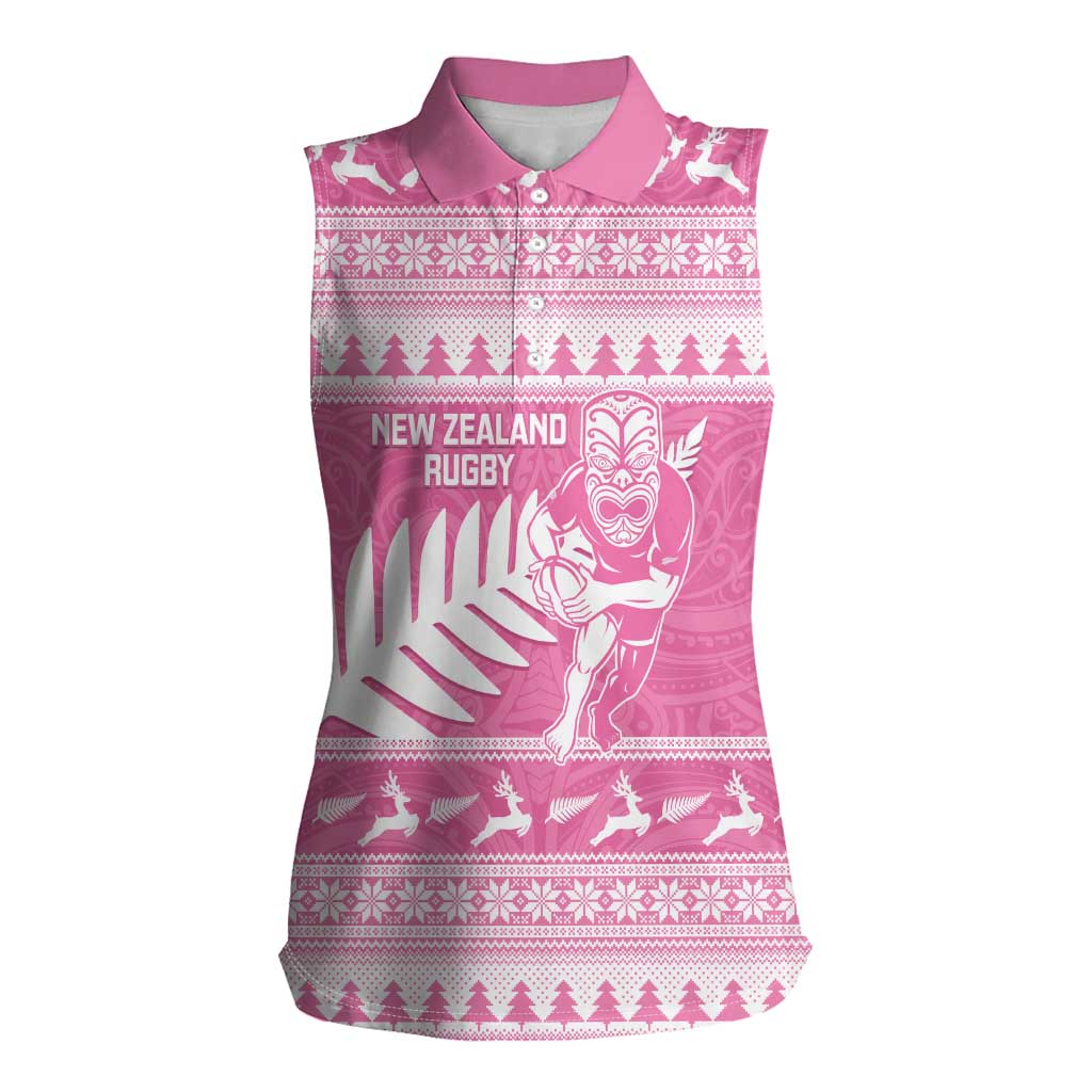 New Zealand Christmas Rugby Personalised Women Sleeveless Polo Shirt Meri Kirihimete All Black Maori Pink Version - Aussie Hoodie