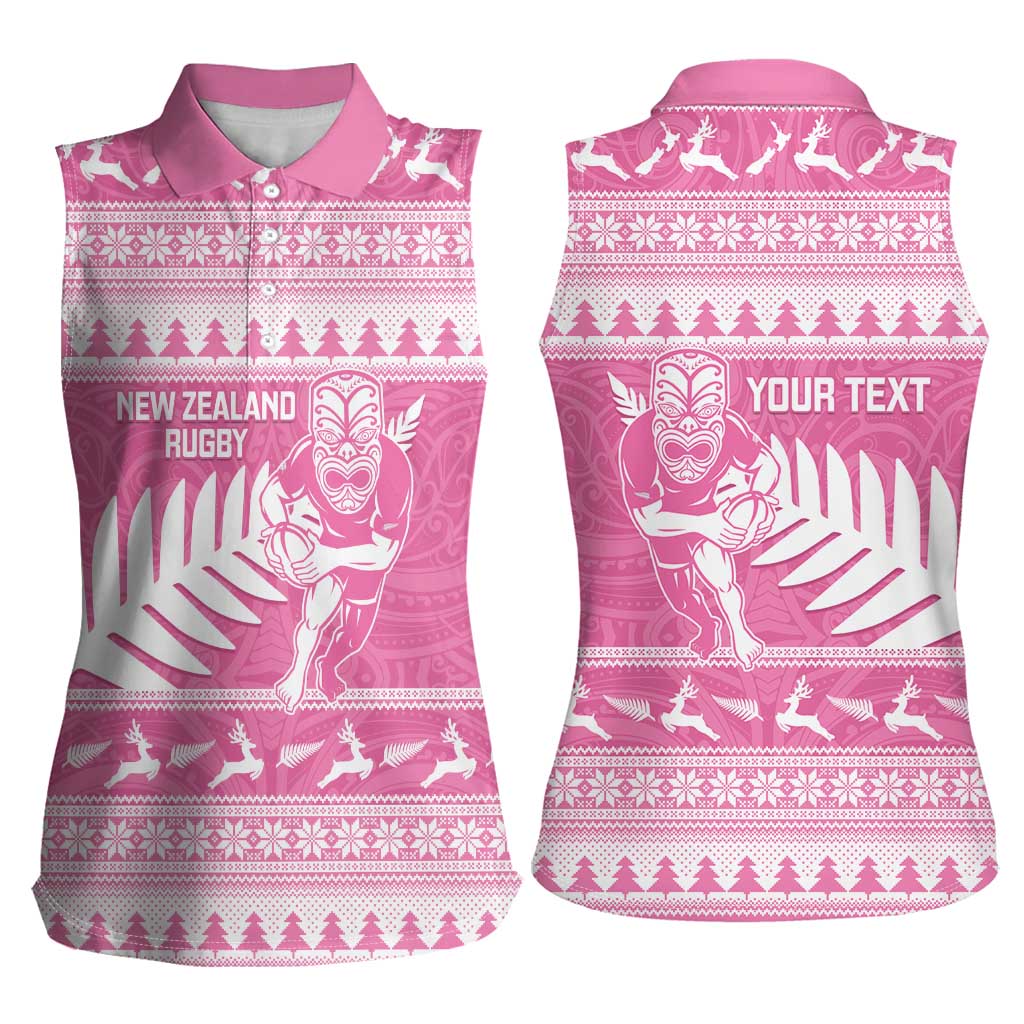 New Zealand Christmas Rugby Personalised Women Sleeveless Polo Shirt Meri Kirihimete All Black Maori Pink Version - Aussie Hoodie