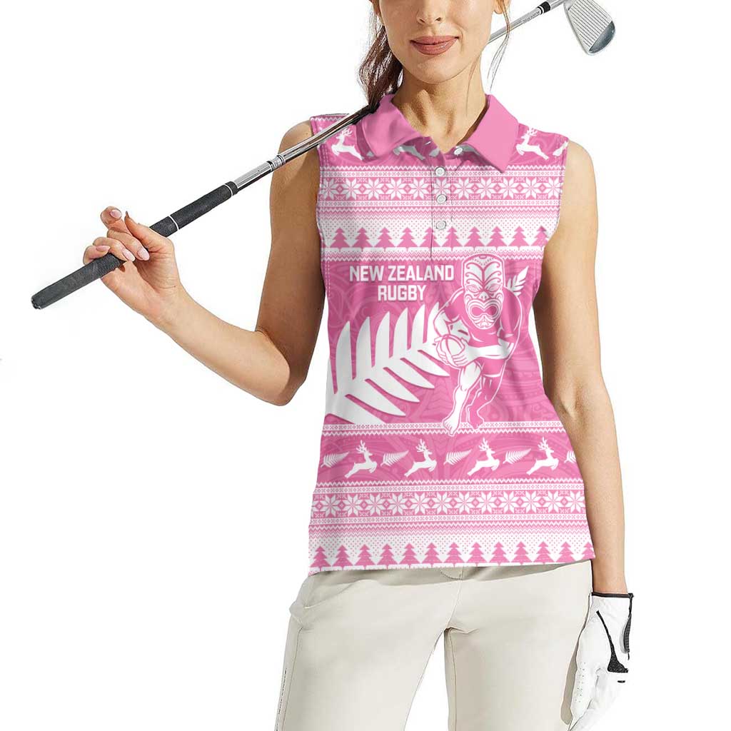 New Zealand Christmas Rugby Personalised Women Sleeveless Polo Shirt Meri Kirihimete All Black Maori Pink Version - Aussie Hoodie