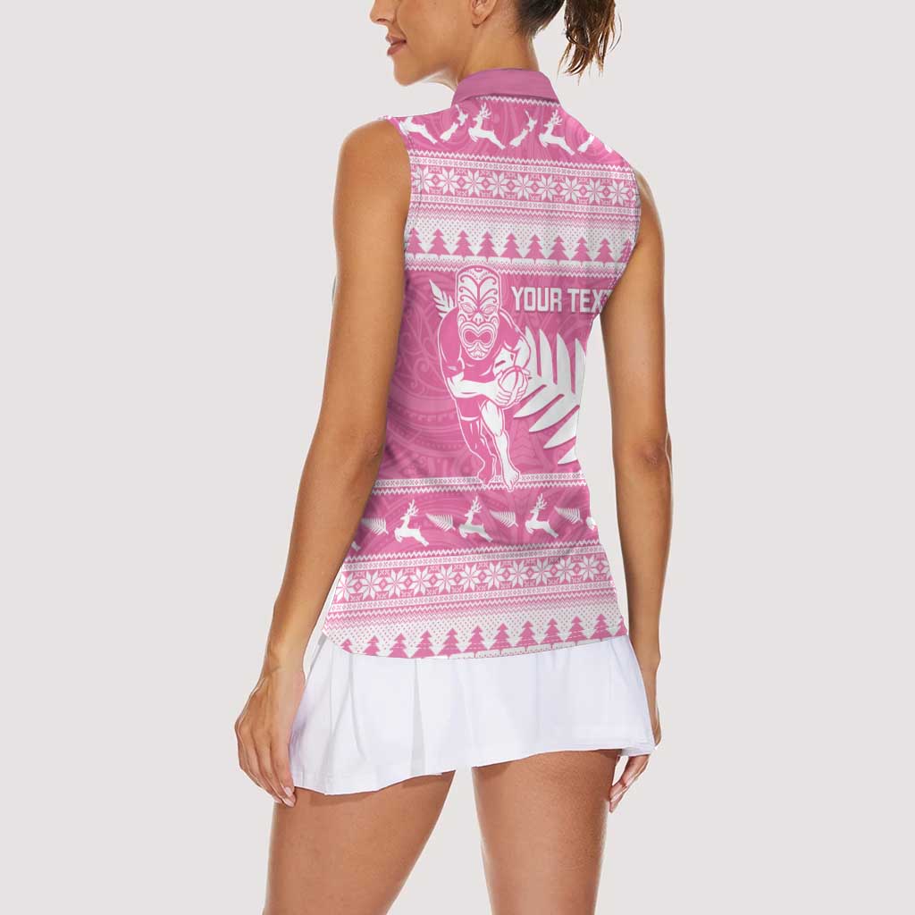 New Zealand Christmas Rugby Personalised Women Sleeveless Polo Shirt Meri Kirihimete All Black Maori Pink Version - Aussie Hoodie