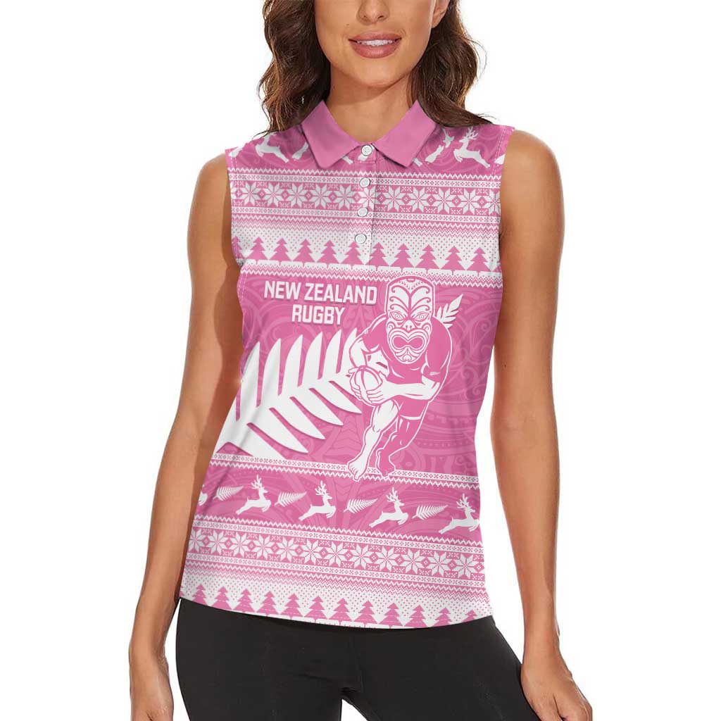 New Zealand Christmas Rugby Personalised Women Sleeveless Polo Shirt Meri Kirihimete All Black Maori Pink Version - Aussie Hoodie