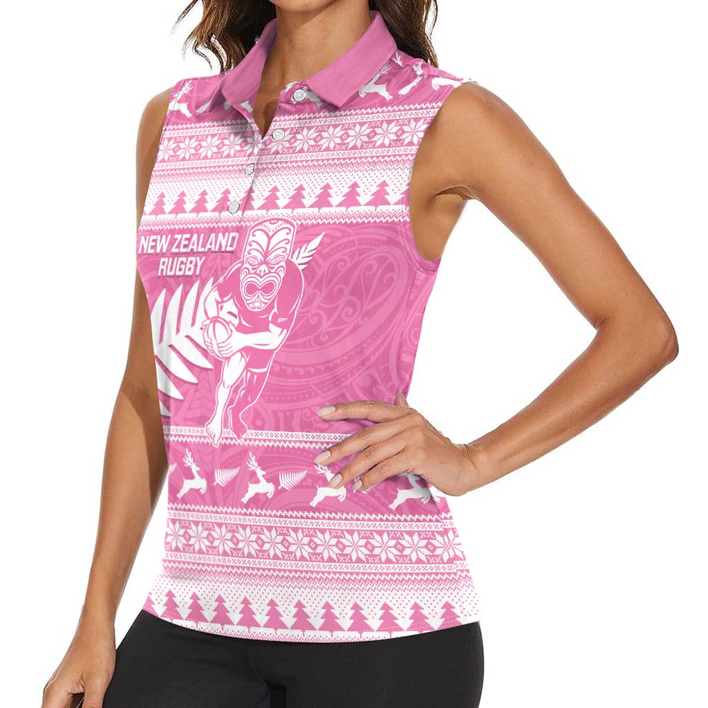 New Zealand Christmas Rugby Personalised Women Sleeveless Polo Shirt Meri Kirihimete All Black Maori Pink Version - Aussie Hoodie