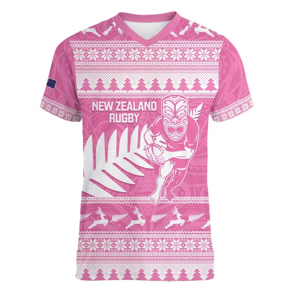 New Zealand Christmas Rugby Personalised Women V-Neck T-Shirt Meri Kirihimete All Black Maori Pink Version - Aussie Hoodie