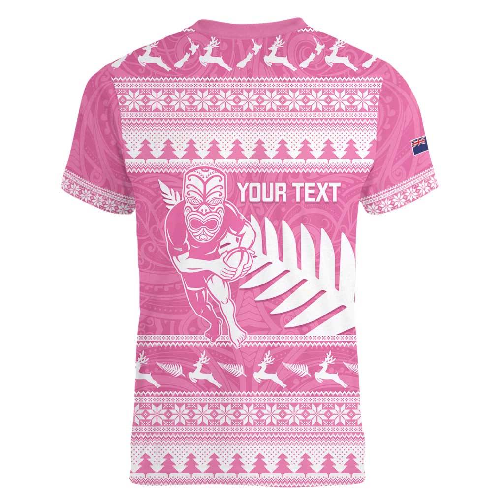 New Zealand Christmas Rugby Personalised Women V-Neck T-Shirt Meri Kirihimete All Black Maori Pink Version - Aussie Hoodie