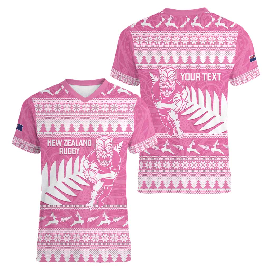 New Zealand Christmas Rugby Personalised Women V-Neck T-Shirt Meri Kirihimete All Black Maori Pink Version - Aussie Hoodie