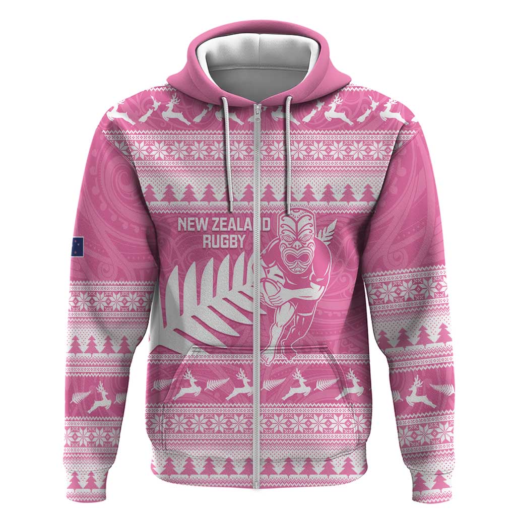 New Zealand Christmas Rugby Personalised Zip Hoodie Meri Kirihimete All Black Maori Pink Version - Aussie Hoodie