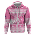 New Zealand Christmas Rugby Personalised Zip Hoodie Meri Kirihimete All Black Maori Pink Version - Aussie Hoodie