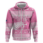 New Zealand Christmas Rugby Personalised Zip Hoodie Meri Kirihimete All Black Maori Pink Version - Aussie Hoodie
