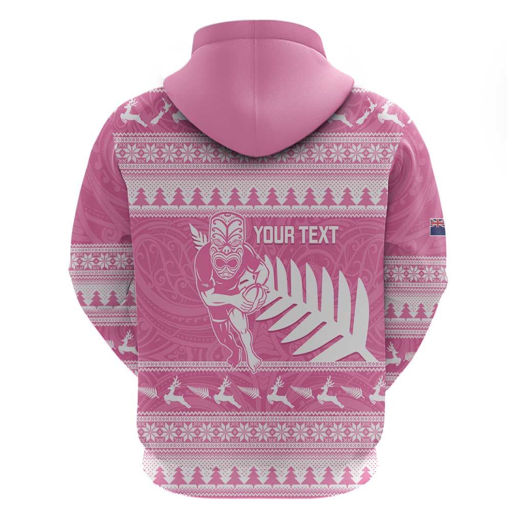 New Zealand Christmas Rugby Personalised Zip Hoodie Meri Kirihimete All Black Maori Pink Version - Aussie Hoodie