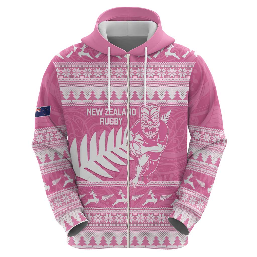 New Zealand Christmas Rugby Personalised Zip Hoodie Meri Kirihimete All Black Maori Pink Version - Aussie Hoodie