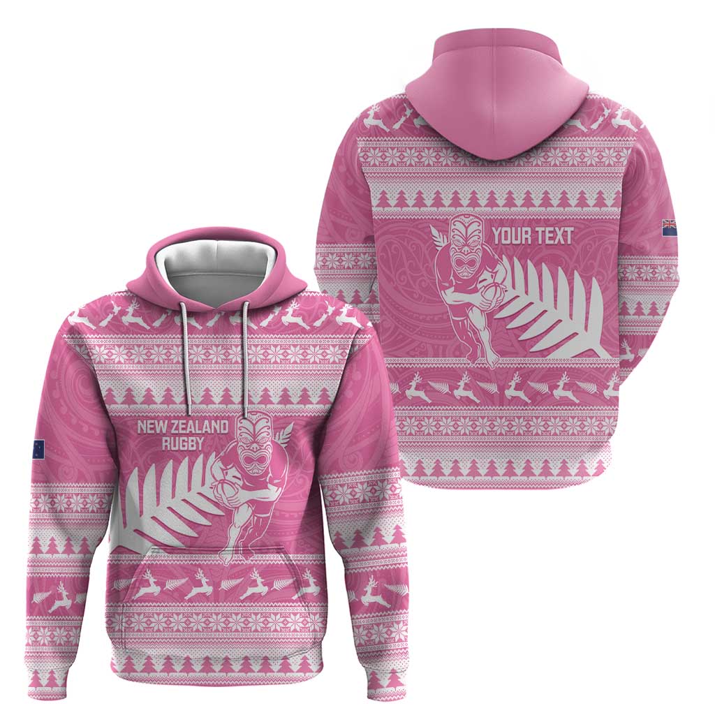 New Zealand Christmas Rugby Personalised Zip Hoodie Meri Kirihimete All Black Maori Pink Version - Aussie Hoodie
