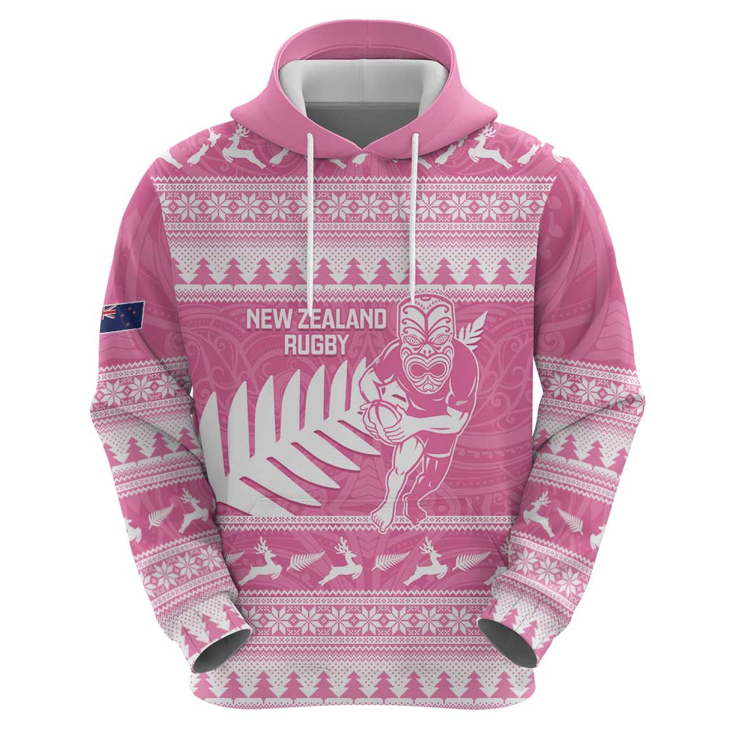 New Zealand Christmas Rugby Personalised Zip Hoodie Meri Kirihimete All Black Maori Pink Version - Aussie Hoodie