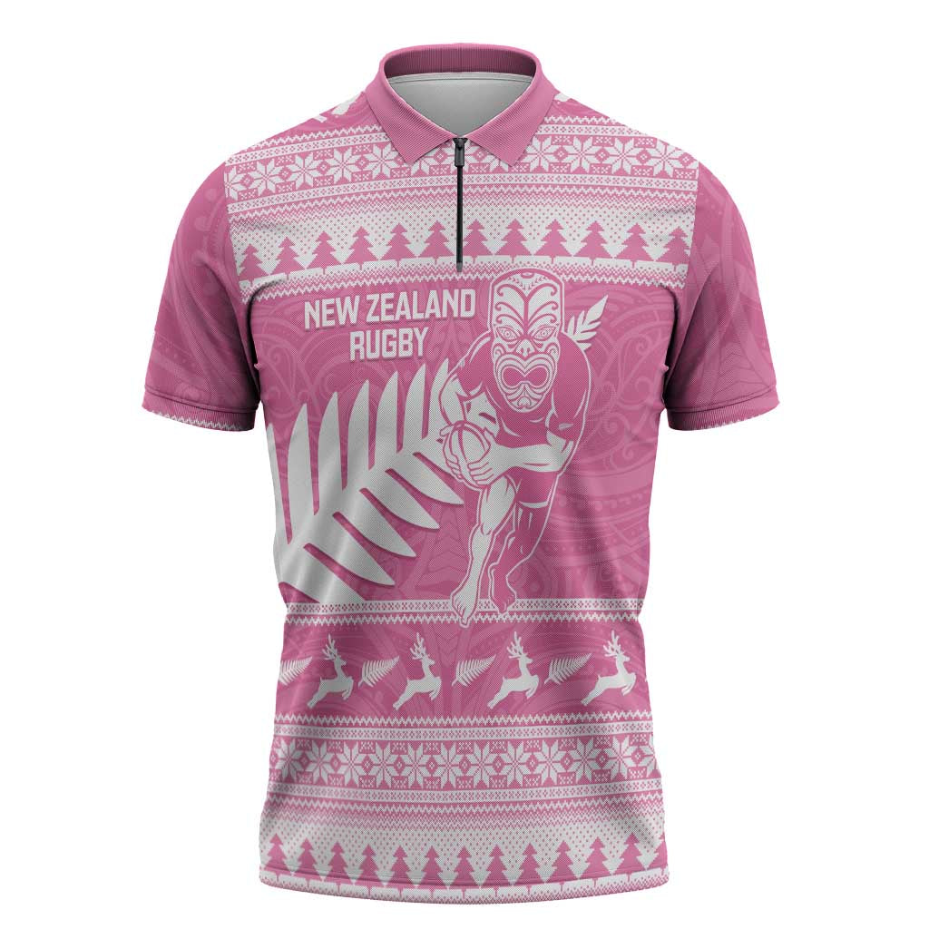 New Zealand Christmas Rugby Personalised Zipper Polo Shirt Meri Kirihimete All Black Maori Pink Version - Aussie Hoodie