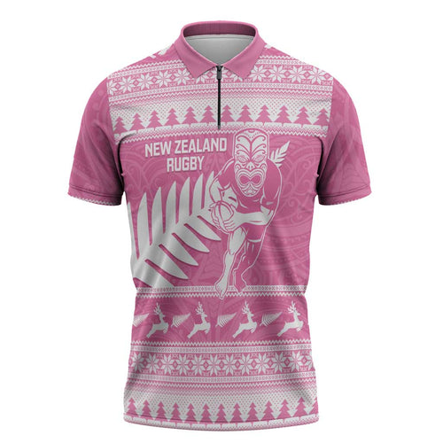New Zealand Christmas Rugby Personalised Zipper Polo Shirt Meri Kirihimete All Black Maori Pink Version - Aussie Hoodie