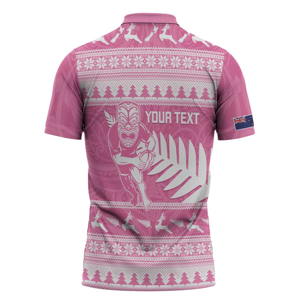 New Zealand Christmas Rugby Personalised Zipper Polo Shirt Meri Kirihimete All Black Maori Pink Version - Aussie Hoodie