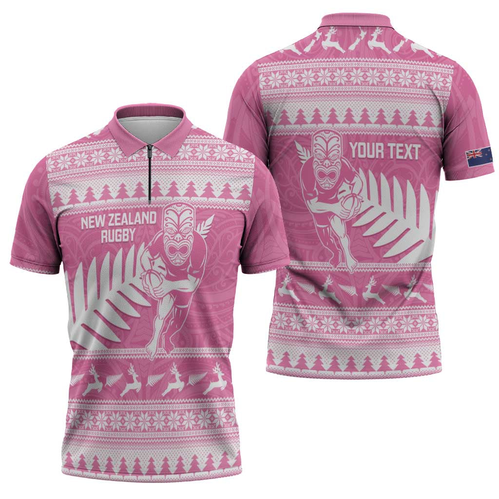 New Zealand Christmas Rugby Personalised Zipper Polo Shirt Meri Kirihimete All Black Maori Pink Version - Aussie Hoodie