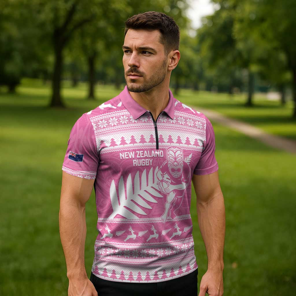 New Zealand Christmas Rugby Personalised Zipper Polo Shirt Meri Kirihimete All Black Maori Pink Version - Aussie Hoodie