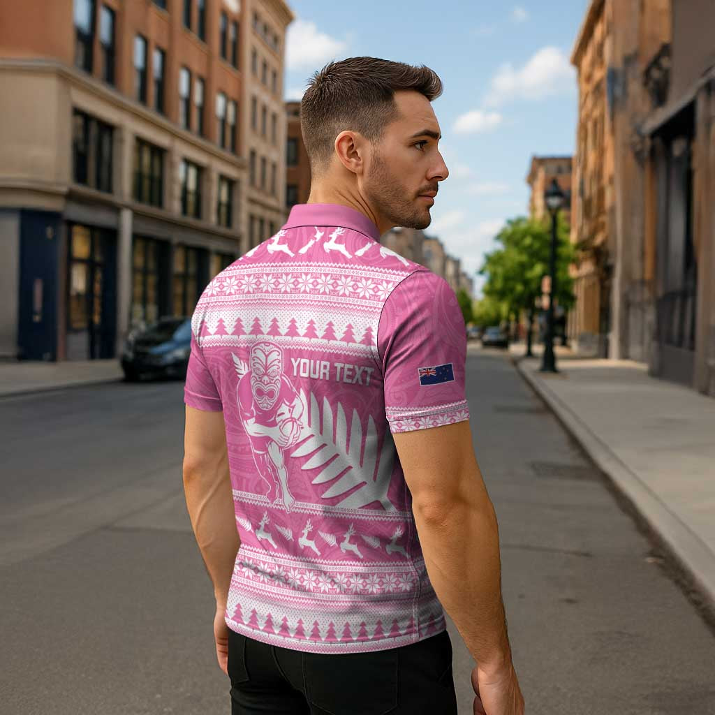 New Zealand Christmas Rugby Personalised Zipper Polo Shirt Meri Kirihimete All Black Maori Pink Version - Aussie Hoodie