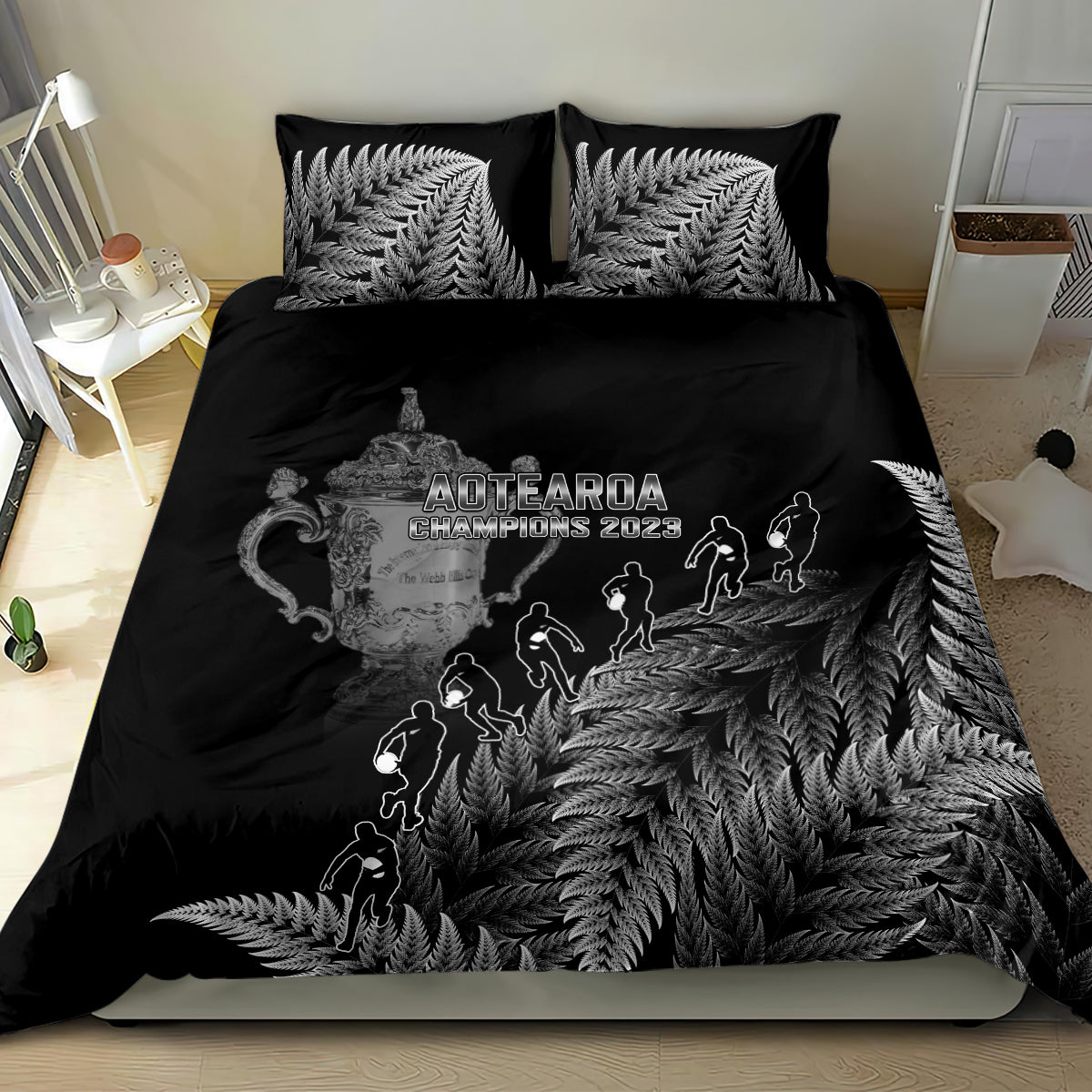 custom-new-zealand-silver-fern-rugby-bedding-set-all-black-go-champions-2023-with-trophy-proud