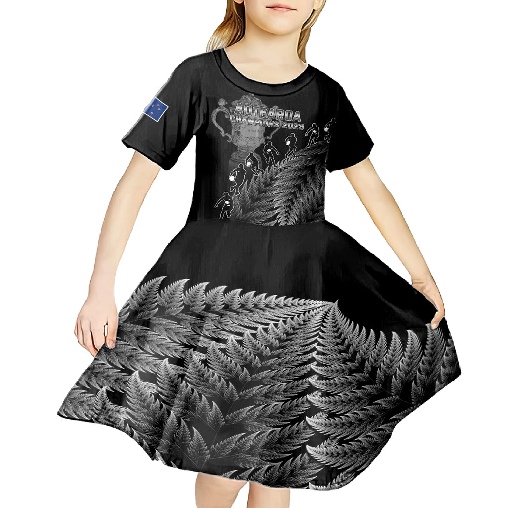 custom-new-zealand-silver-fern-rugby-kid-short-sleeve-dress-all-black-go-champions-2023-with-trophy-proud