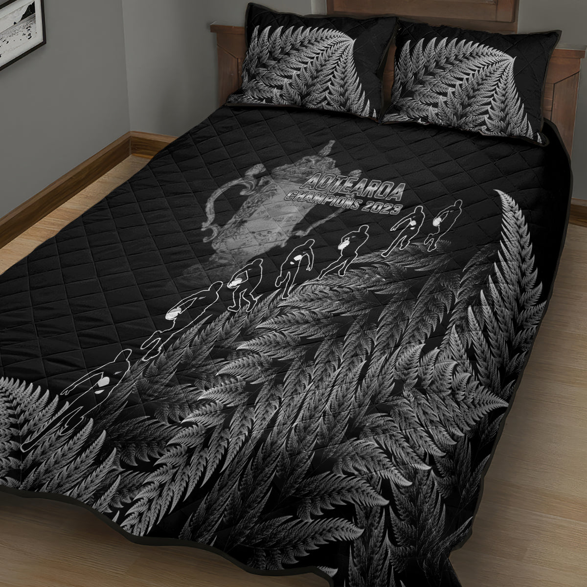 custom-new-zealand-silver-fern-rugby-quilt-bed-set-all-black-go-champions-2023-with-trophy-proud