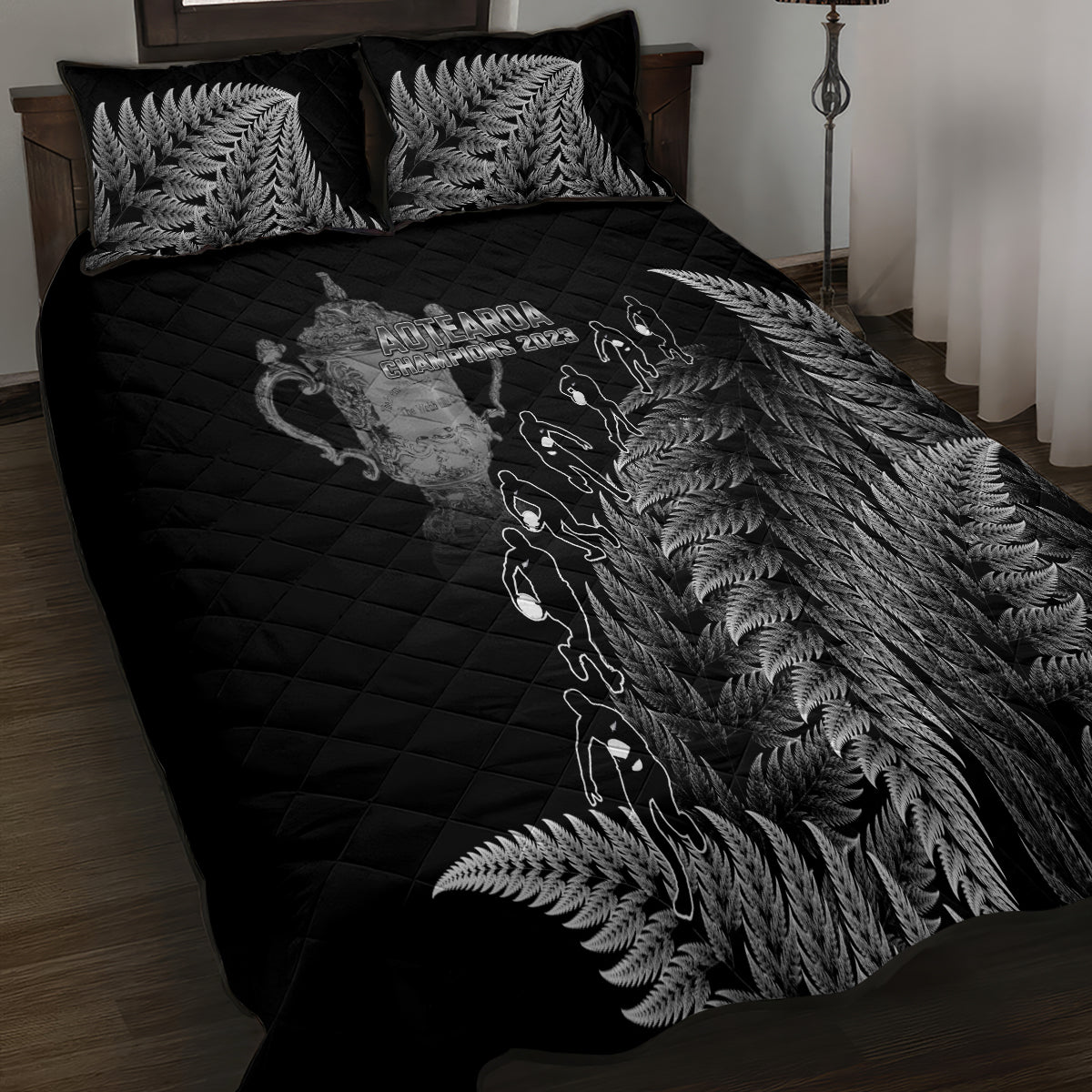 custom-new-zealand-silver-fern-rugby-quilt-bed-set-all-black-go-champions-2023-with-trophy-proud