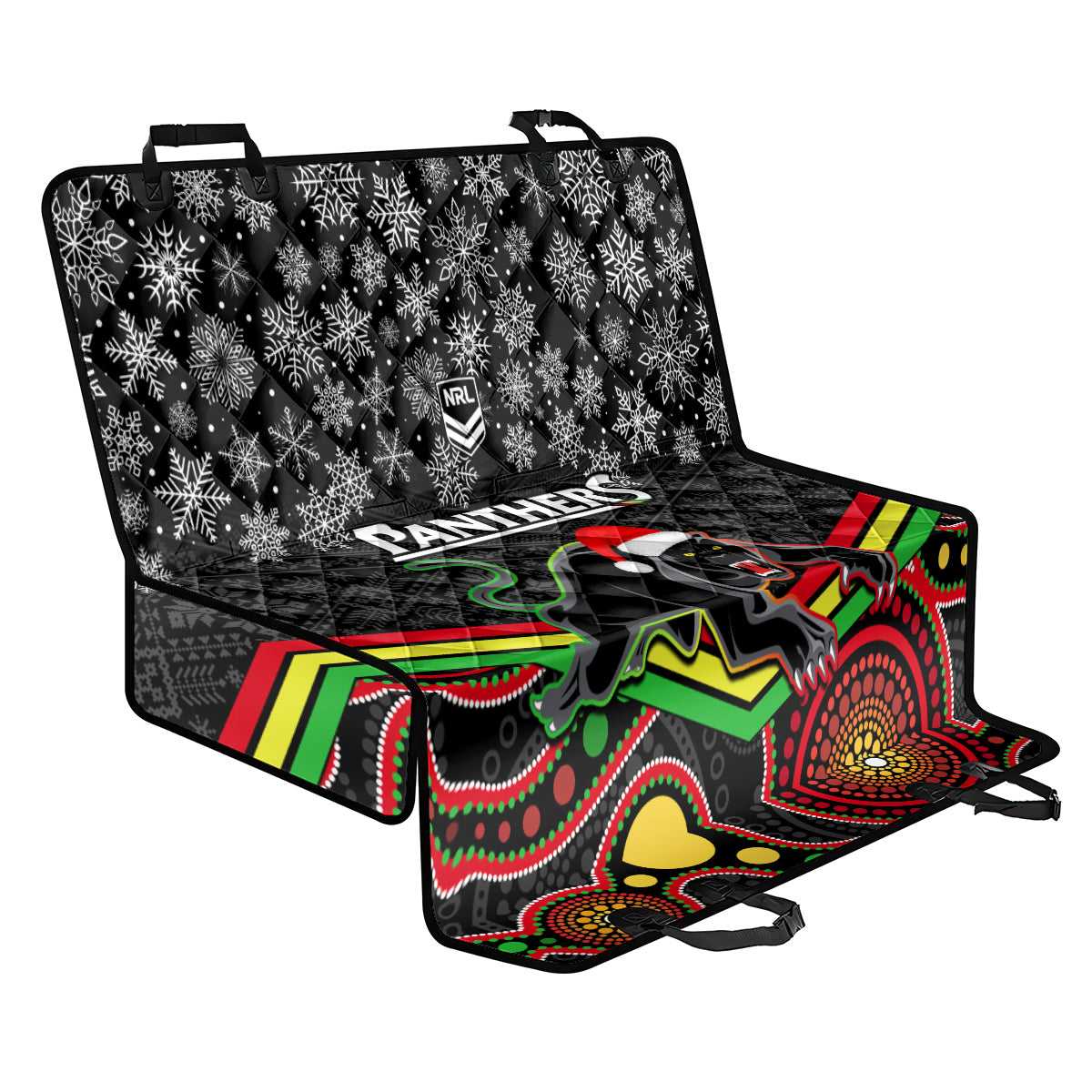 custom-panthers-rugby-christmas-back-car-seat-cover-merry-xmas-2023-mix-aboriginal-art-black-version