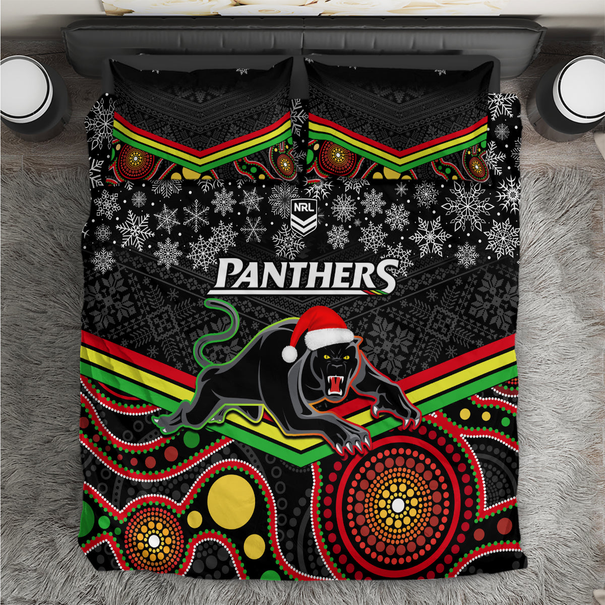 custom-panthers-rugby-christmas-bedding-set-merry-xmas-2023-mix-aboriginal-art-black-version