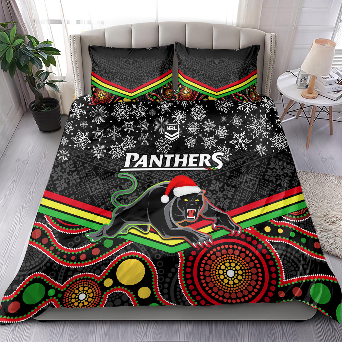 custom-panthers-rugby-christmas-bedding-set-merry-xmas-2023-mix-aboriginal-art-black-version