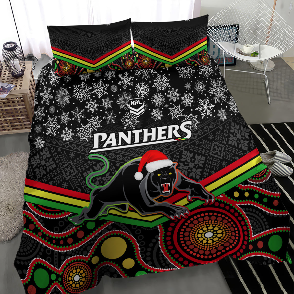 custom-panthers-rugby-christmas-bedding-set-merry-xmas-2023-mix-aboriginal-art-black-version