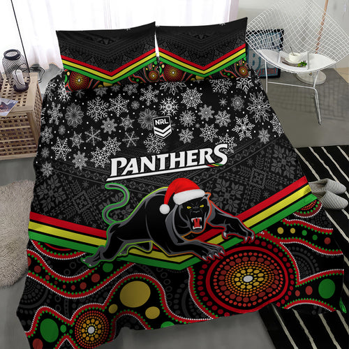 custom-panthers-rugby-christmas-bedding-set-merry-xmas-2023-mix-aboriginal-art-black-version