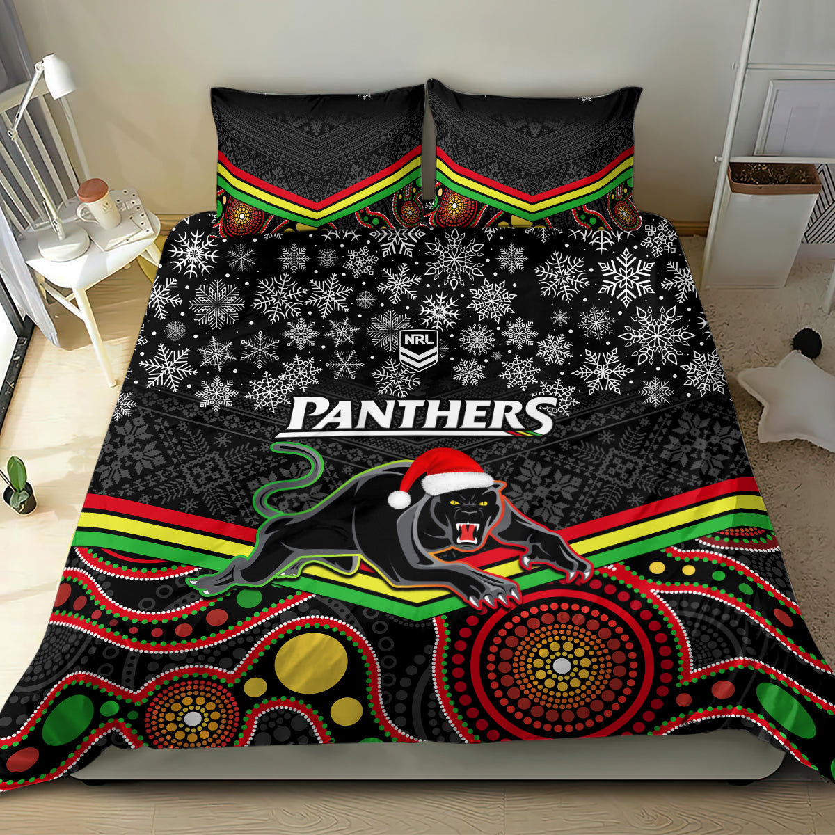 custom-panthers-rugby-christmas-bedding-set-merry-xmas-2023-mix-aboriginal-art-black-version