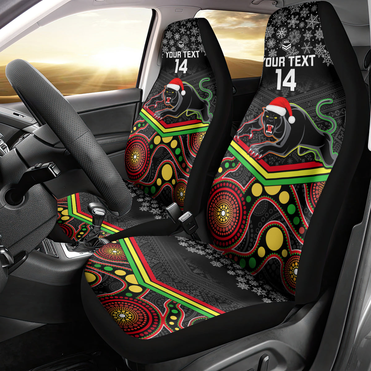 custom-panthers-rugby-christmas-car-seat-cover-merry-xmas-2023-mix-aboriginal-art-black-version