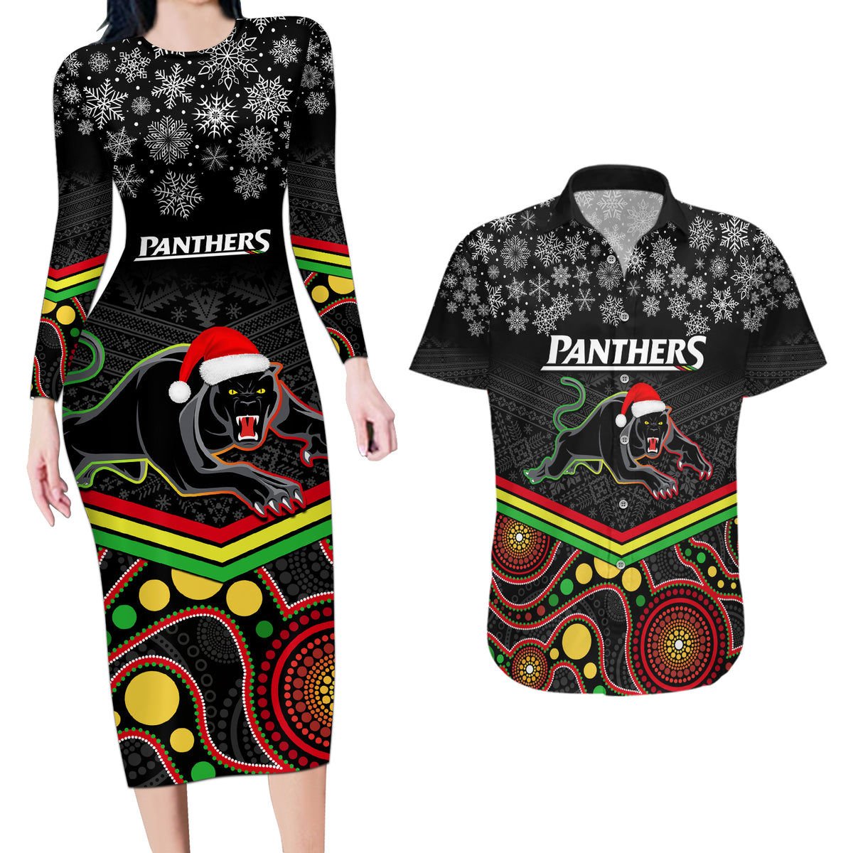 custom-panthers-rugby-christmas-couples-matching-long-sleeve-bodycon-dress-and-hawaiian-shirt-merry-xmas-2023-mix-aboriginal-art-black-version