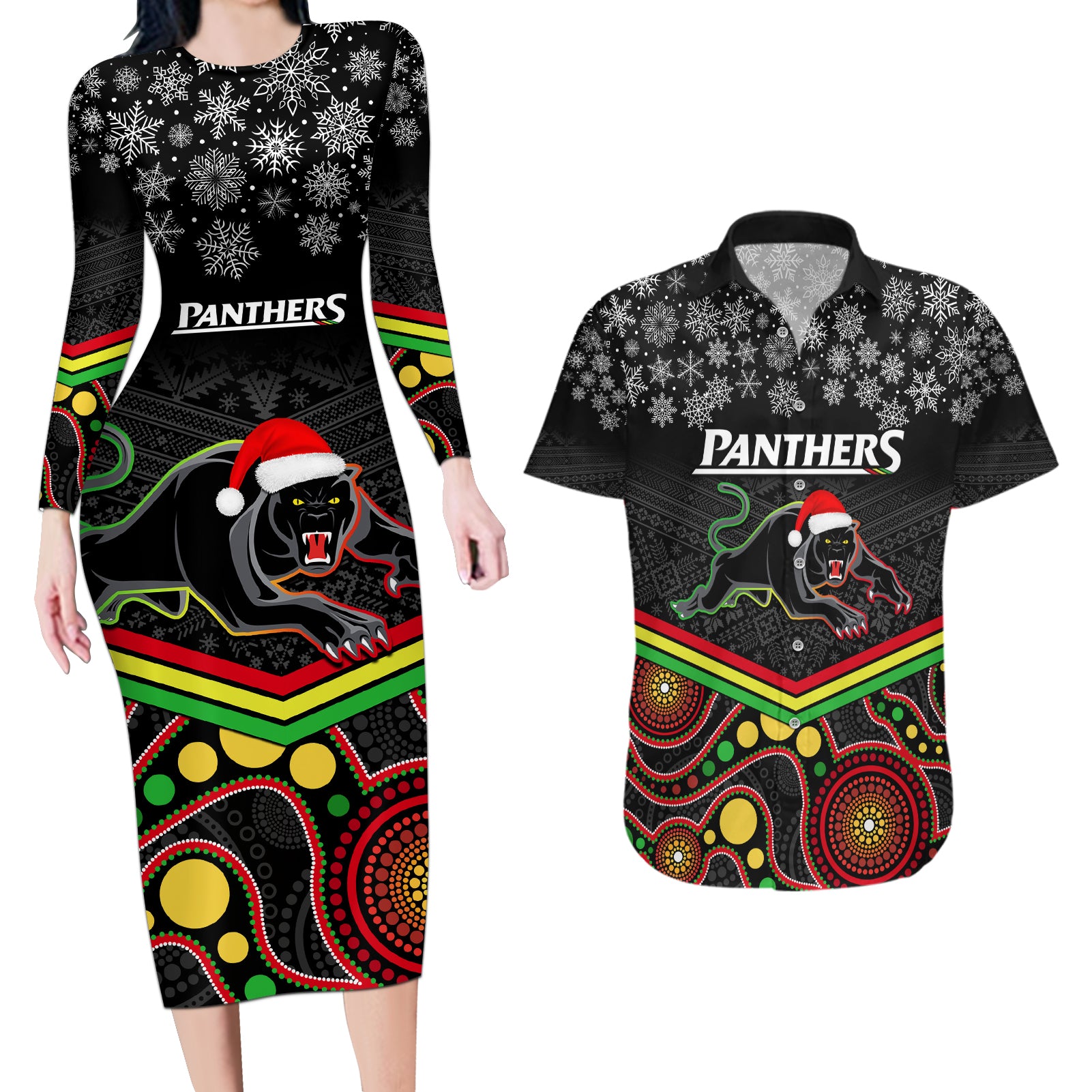 custom-panthers-rugby-christmas-couples-matching-long-sleeve-bodycon-dress-and-hawaiian-shirt-merry-xmas-2023-mix-aboriginal-art-black-version