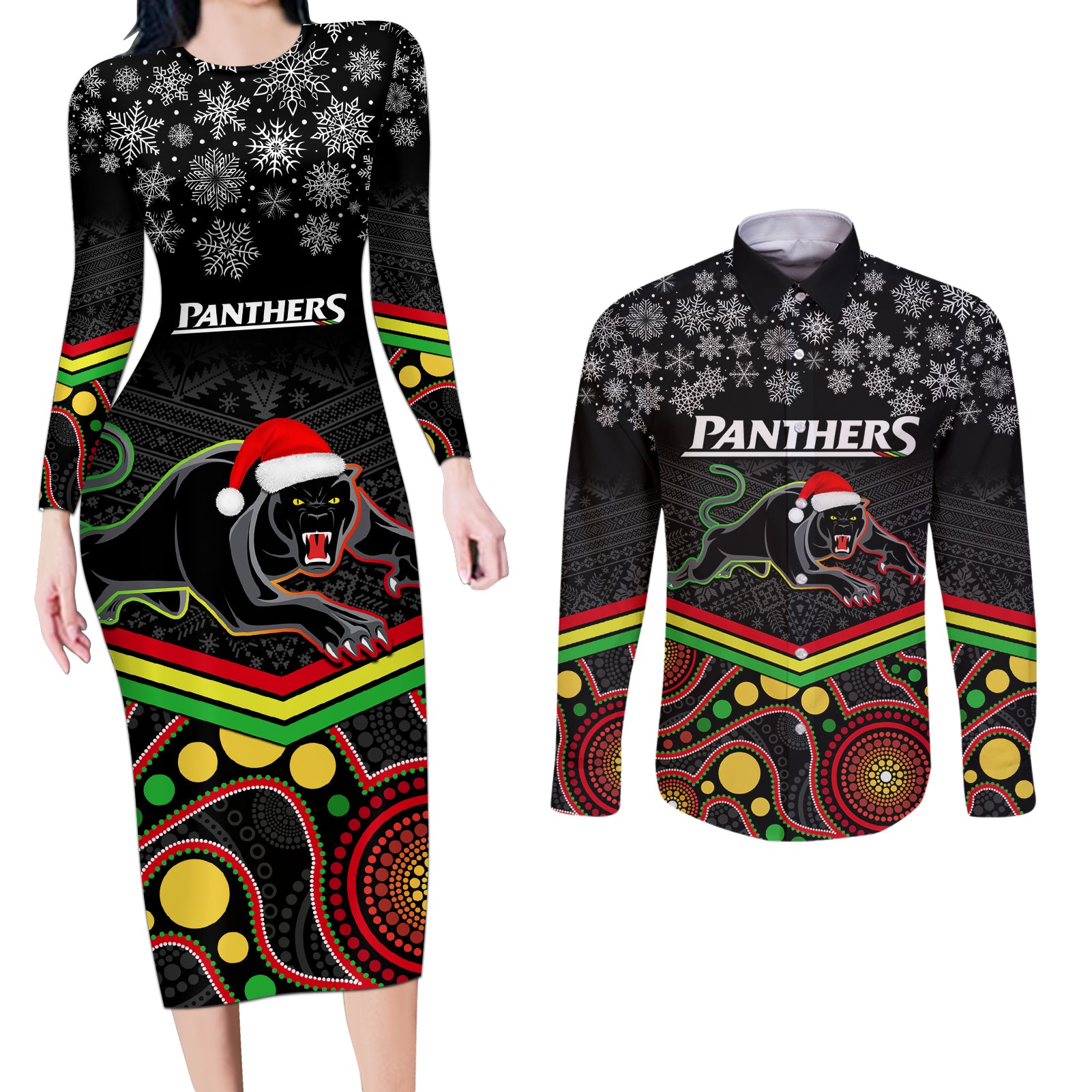 custom-panthers-rugby-christmas-couples-matching-long-sleeve-bodycon-dress-and-long-sleeve-button-shirt-merry-xmas-2023-mix-aboriginal-art-black-version
