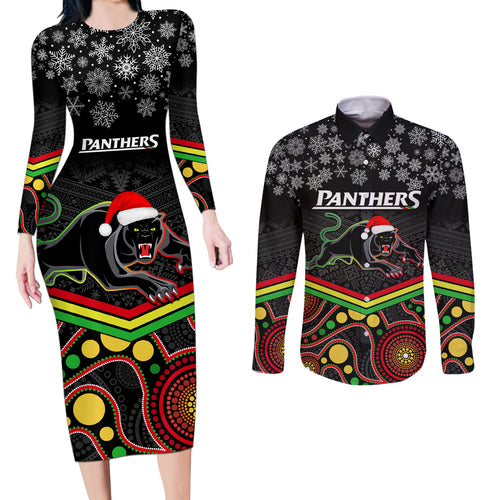 custom-panthers-rugby-christmas-couples-matching-long-sleeve-bodycon-dress-and-long-sleeve-button-shirt-merry-xmas-2023-mix-aboriginal-art-black-version