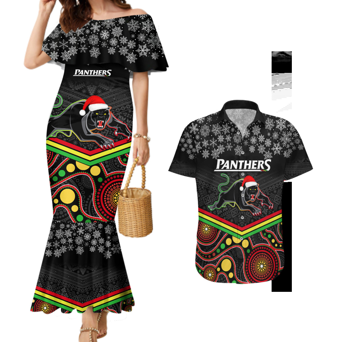 custom-panthers-rugby-christmas-couples-matching-mermaid-dress-and-hawaiian-shirt-merry-xmas-2023-mix-aboriginal-art-black-version