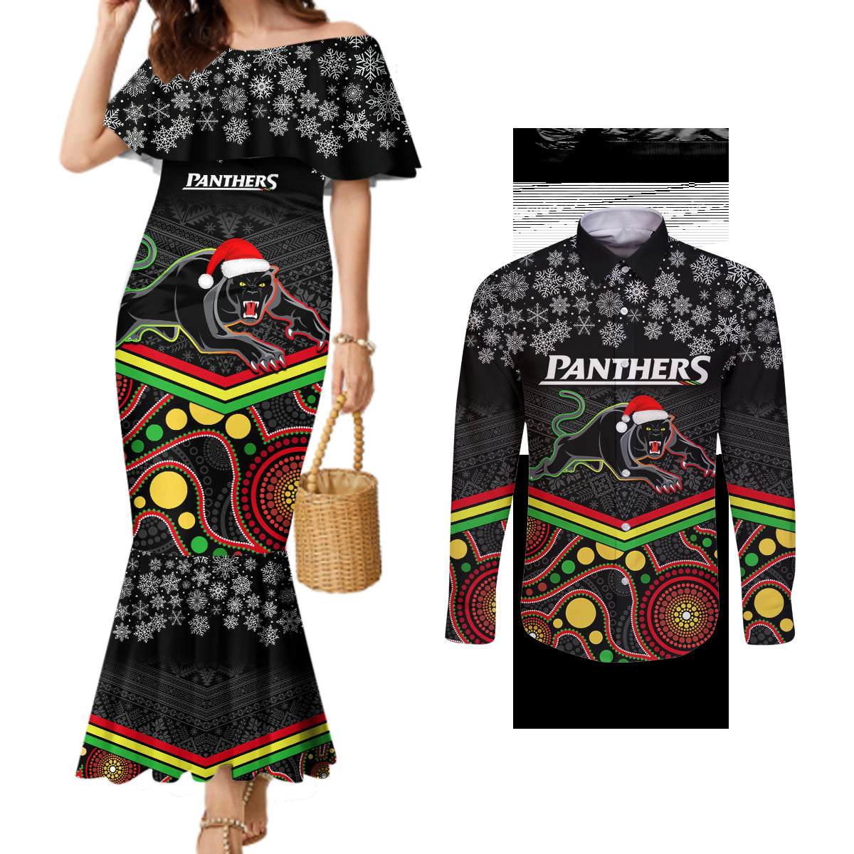 custom-panthers-rugby-christmas-couples-matching-mermaid-dress-and-long-sleeve-button-shirt-merry-xmas-2023-mix-aboriginal-art-black-version