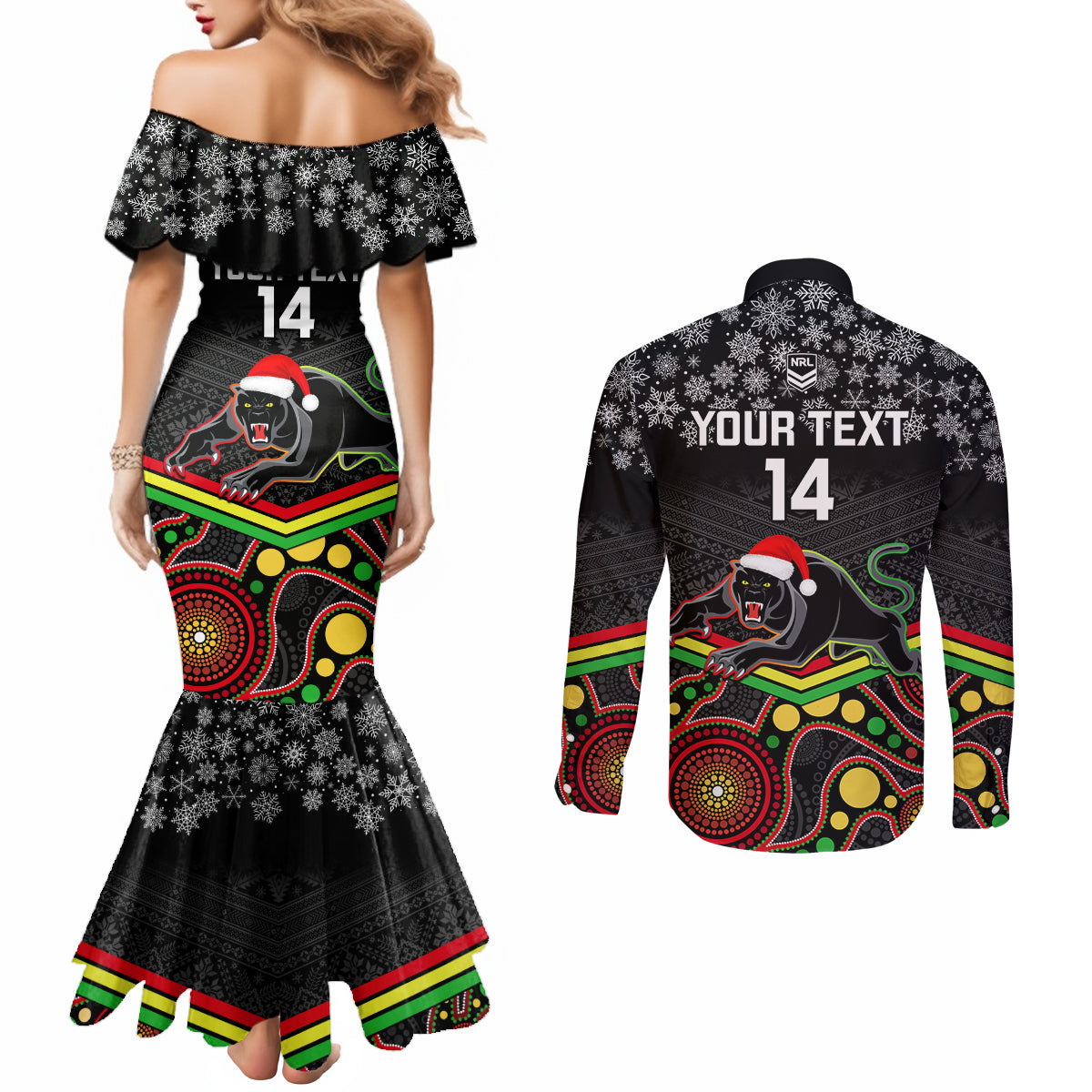 custom-panthers-rugby-christmas-couples-matching-mermaid-dress-and-long-sleeve-button-shirt-merry-xmas-2023-mix-aboriginal-art-black-version