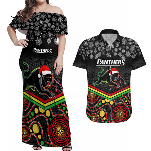 custom-panthers-rugby-christmas-couples-matching-off-shoulder-maxi-dress-and-hawaiian-shirt-merry-xmas-2023-mix-aboriginal-art-black-version