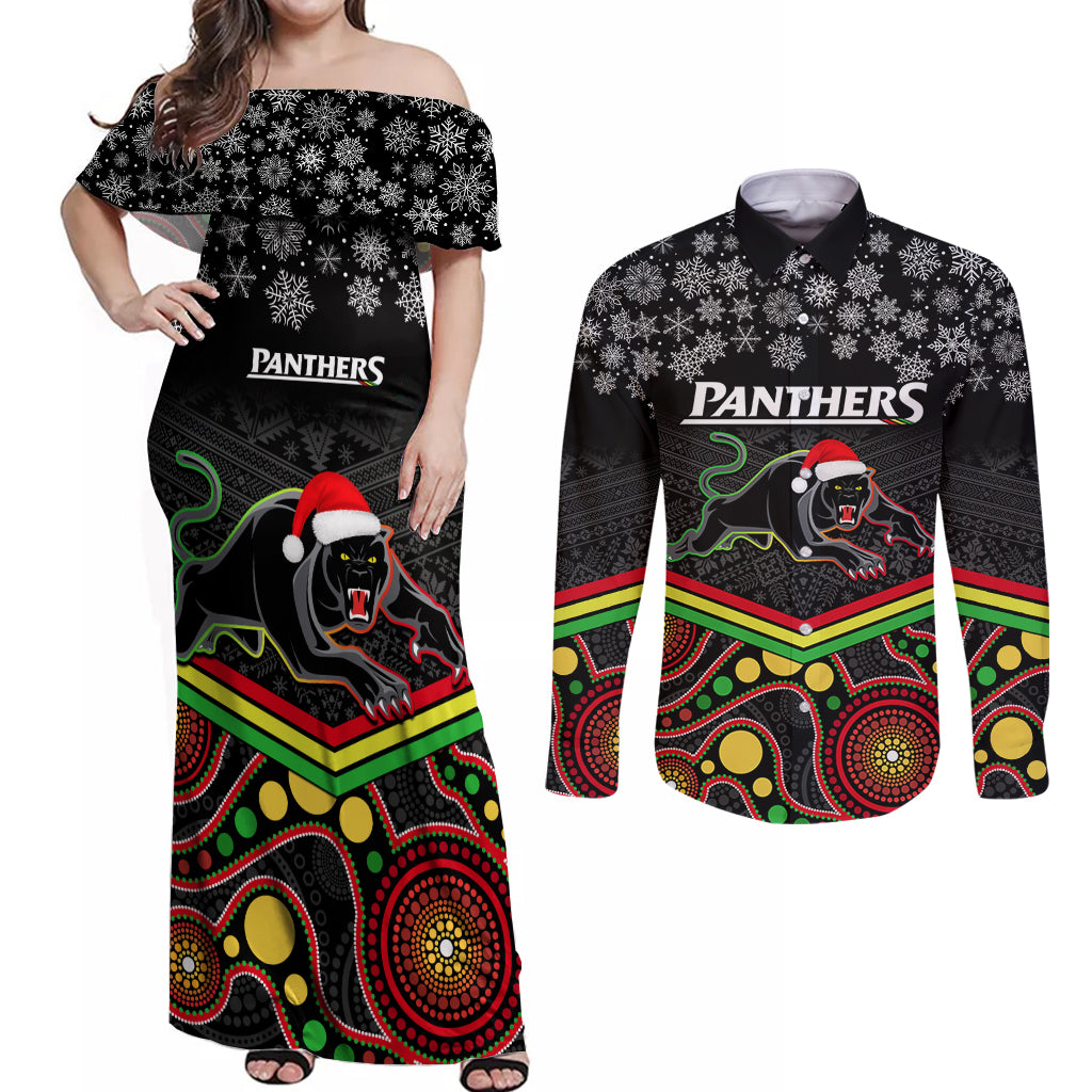 custom-panthers-rugby-christmas-couples-matching-off-shoulder-maxi-dress-and-long-sleeve-button-shirt-merry-xmas-2023-mix-aboriginal-art-black-version