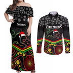custom-panthers-rugby-christmas-couples-matching-off-shoulder-maxi-dress-and-long-sleeve-button-shirt-merry-xmas-2023-mix-aboriginal-art-black-version