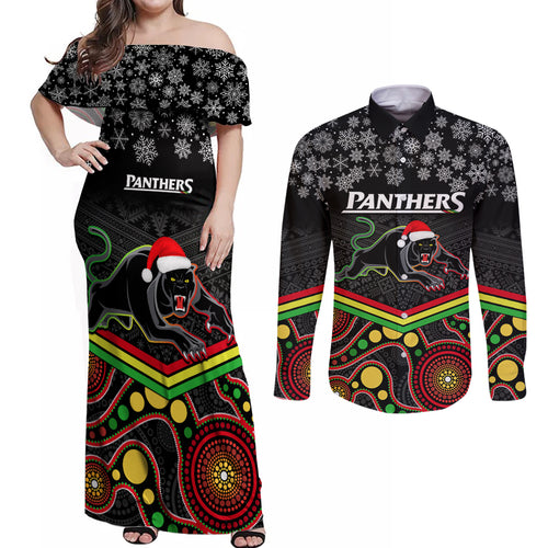 custom-panthers-rugby-christmas-couples-matching-off-shoulder-maxi-dress-and-long-sleeve-button-shirt-merry-xmas-2023-mix-aboriginal-art-black-version