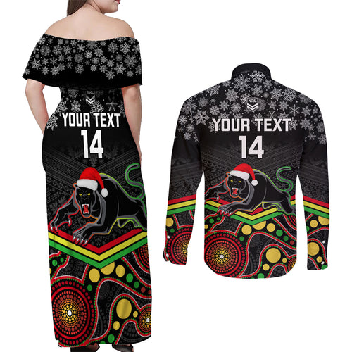 custom-panthers-rugby-christmas-couples-matching-off-shoulder-maxi-dress-and-long-sleeve-button-shirt-merry-xmas-2023-mix-aboriginal-art-black-version
