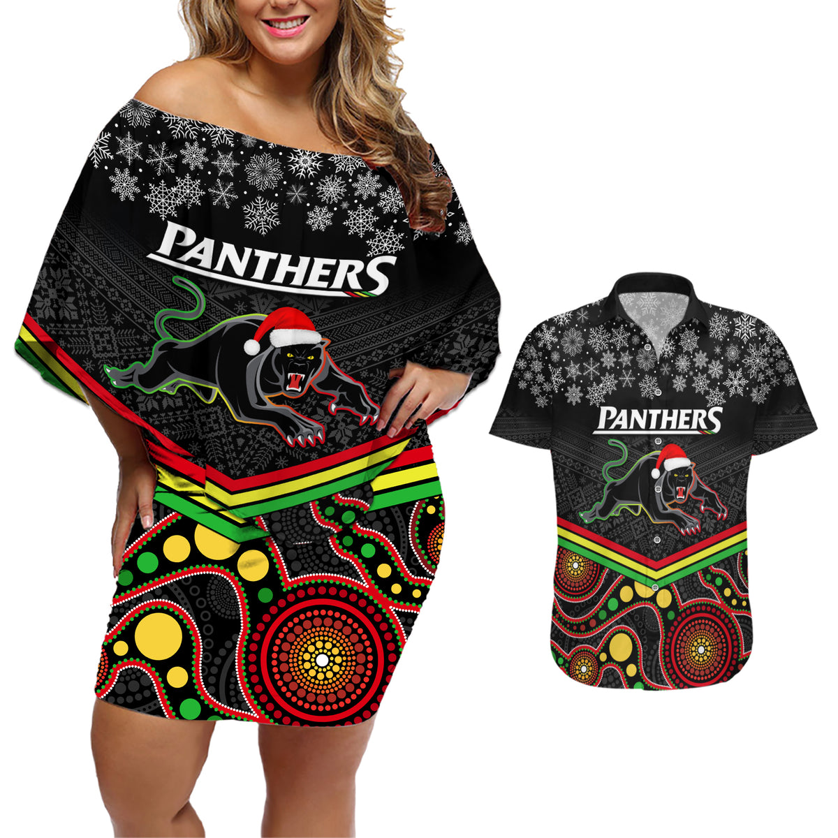custom-panthers-rugby-christmas-couples-matching-off-shoulder-short-dress-and-hawaiian-shirt-merry-xmas-2023-mix-aboriginal-art-black-version