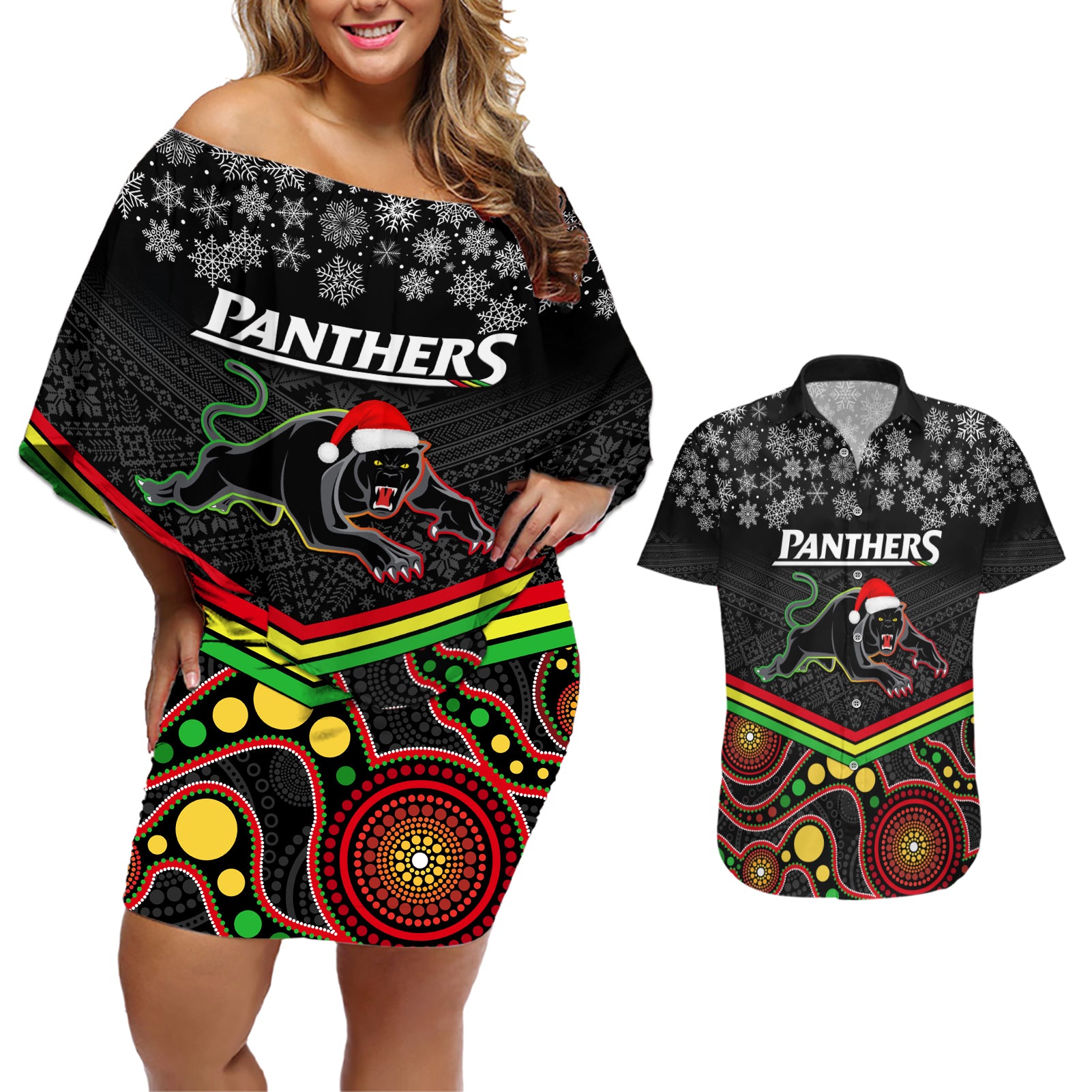 custom-panthers-rugby-christmas-couples-matching-off-shoulder-short-dress-and-hawaiian-shirt-merry-xmas-2023-mix-aboriginal-art-black-version