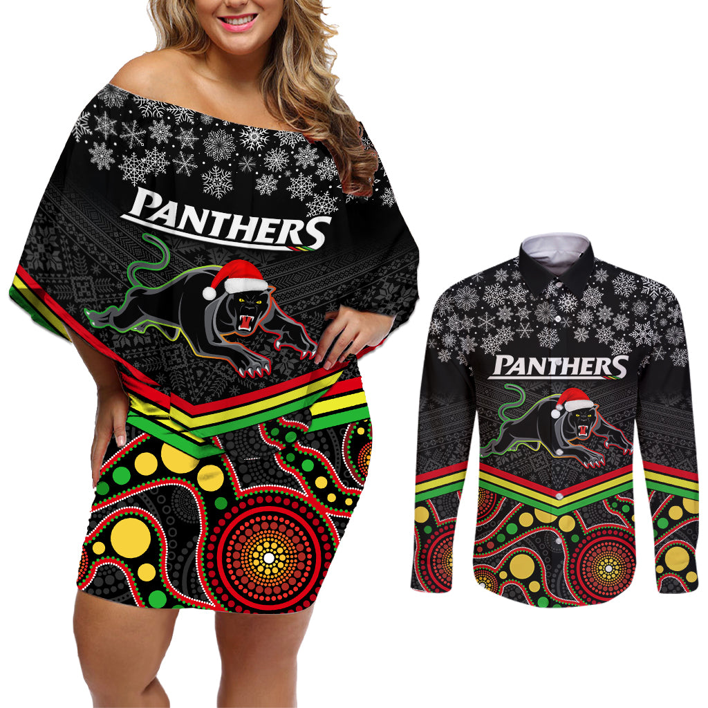 custom-panthers-rugby-christmas-couples-matching-off-shoulder-short-dress-and-long-sleeve-button-shirt-merry-xmas-2023-mix-aboriginal-art-black-version