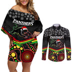 custom-panthers-rugby-christmas-couples-matching-off-shoulder-short-dress-and-long-sleeve-button-shirt-merry-xmas-2023-mix-aboriginal-art-black-version